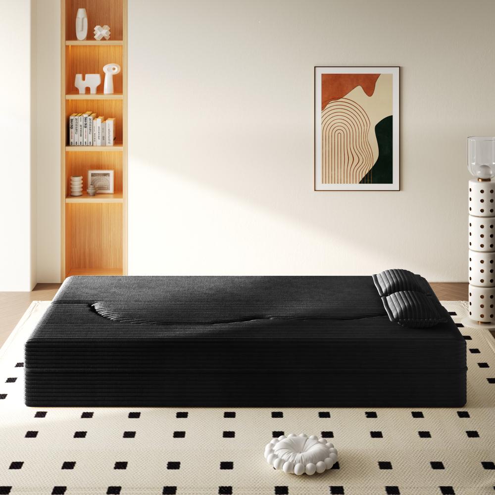Modern Floor Sofa with 2 Pillows, Convertible Corduroy Fabric Foam-Filled Sleeper Sofa Bed, 15" Twin Size Folding Mattress for Living Room, Guest Bed, Playroom, no Assembly Required