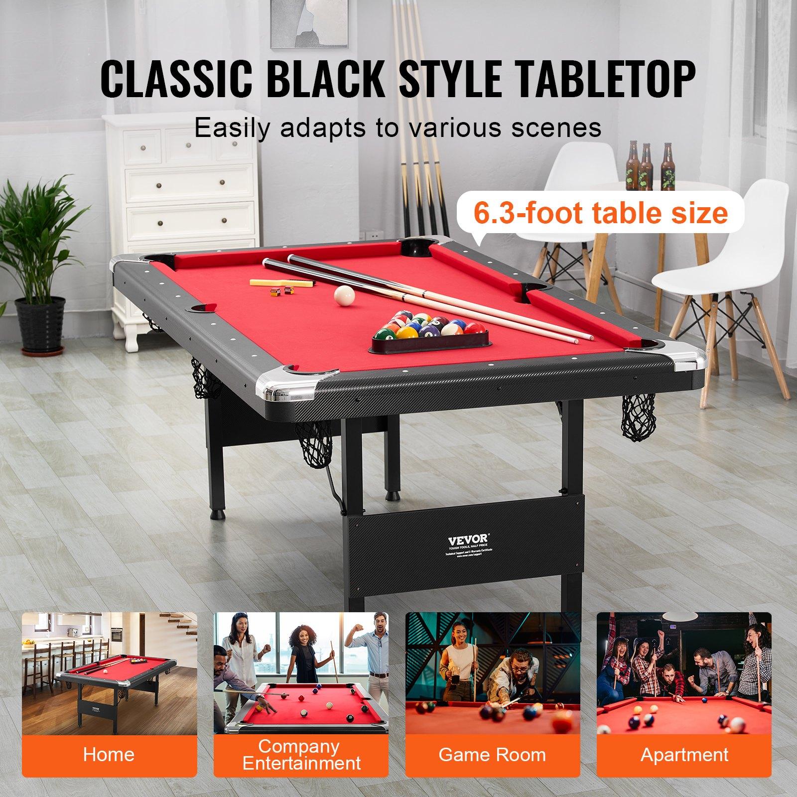 VEVOR Billiards Table, 6.3 ft Pool Table, Portable Foldable Space-Saving Table, Billiard Table Set Includes Balls, Cues, Chalks and Brush, Black with Red Cloth, Perfect for Family Game Room Kid Adult VEVOR Billiards Table, 6.3 ft Pool Table, Portable Foldable Space-Saving Table, Billiard Table Set Includes Balls, Cues, Chalks and Brush, Black with Red Cloth, Perfect for Family Game Room Kid Adult