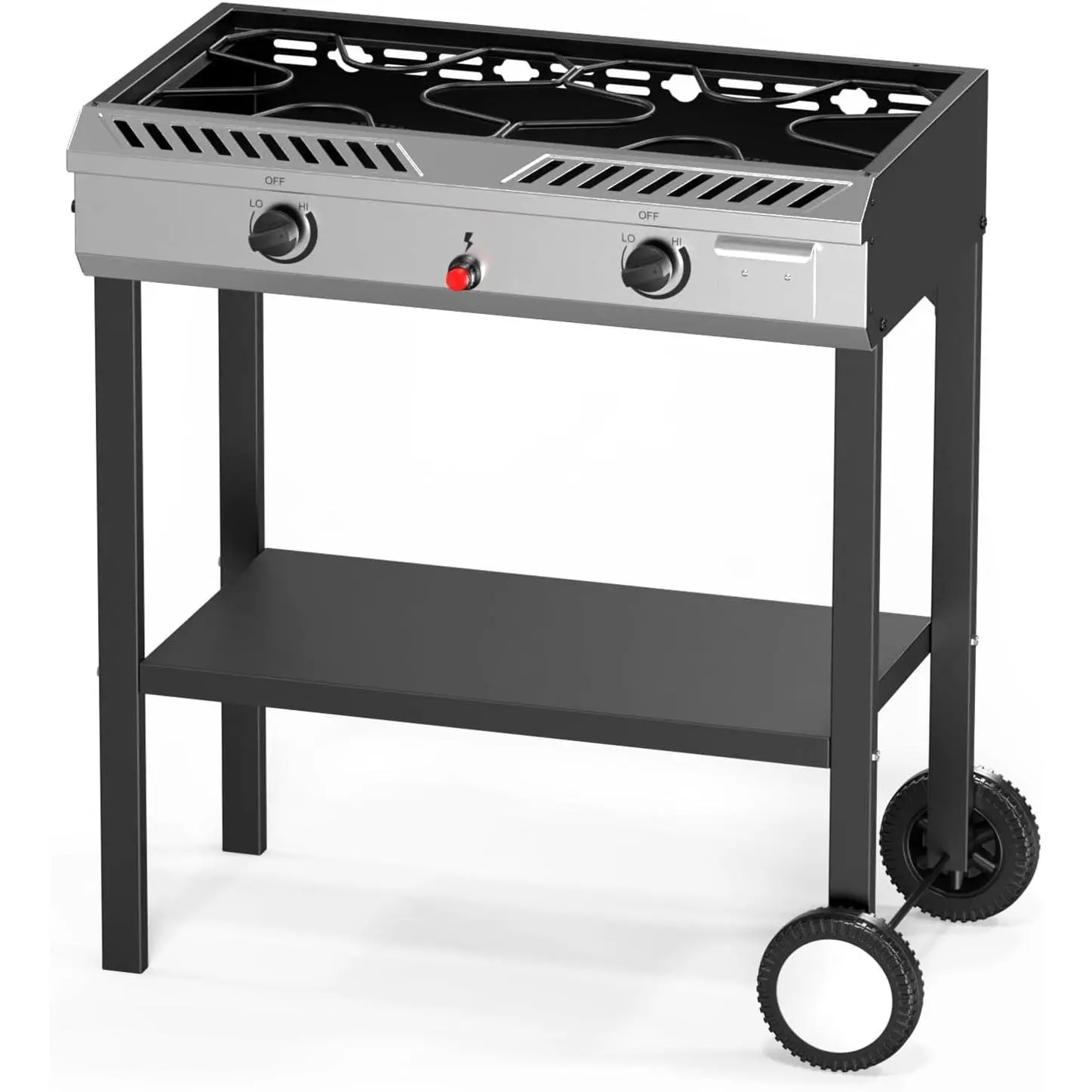 2-Burner Propane Gas Stove with Auto Ignition, 150000 BTU Portable Cook Station, Camping Cooking Equipment with Convenient Shelf & Smooth Rolling Wheels for Camping, Backyard BBQ, Tailgating