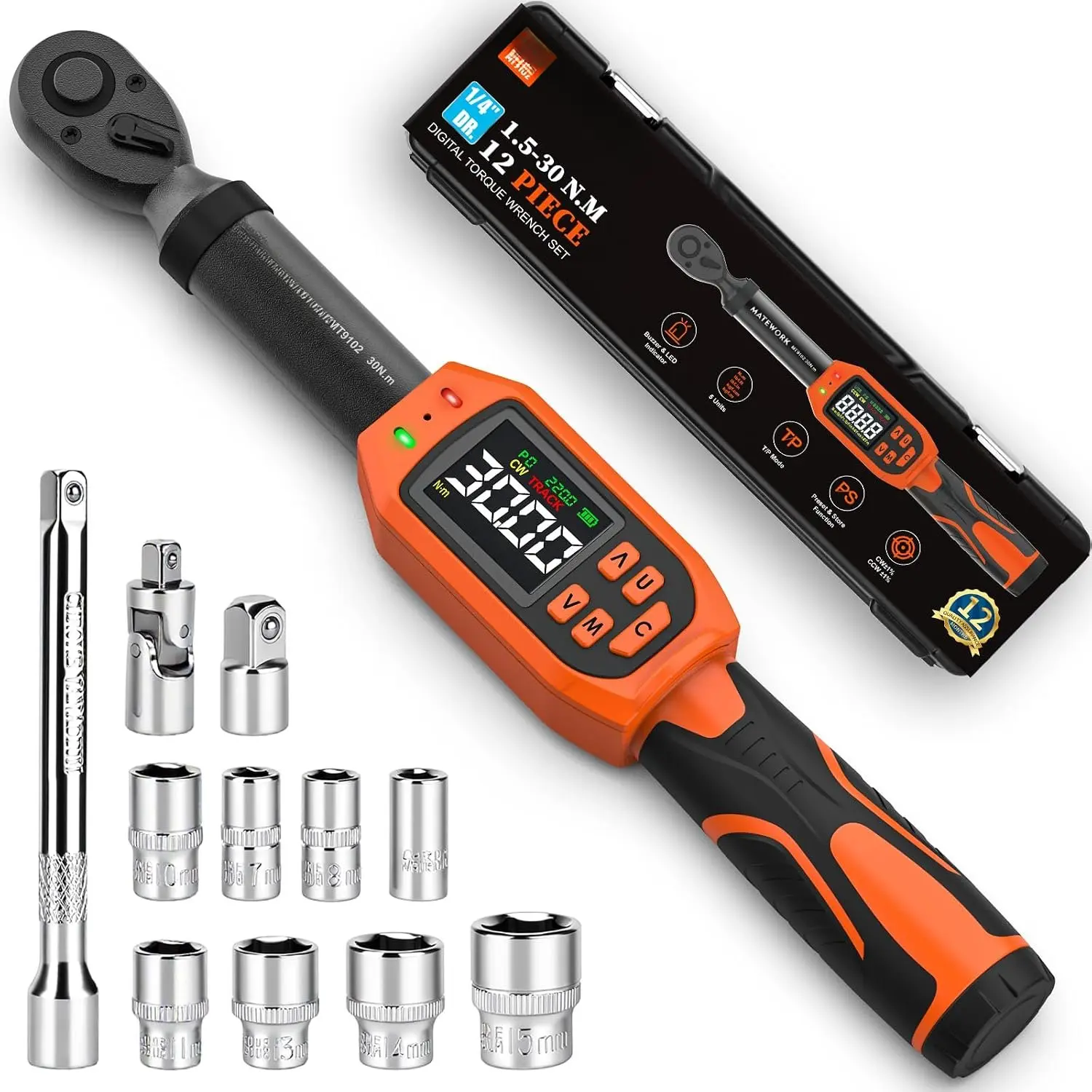 1/4 Torque Wrench Digital, (13.5-265 In-Lb/1.5-30 Nm), 12 count Inch Pound Digital Torque Wrench Set with Buzzer & LED , ±1% Accuracy, Sockets & Adapters for for   Gunsmithing