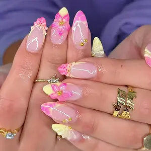 24pcs Almond Press on Nails, Ombre French Tip, 3D Hibiscus Flower, Seashell Embossed, Studs, Elegant DIY Nails Art False Nails for Women