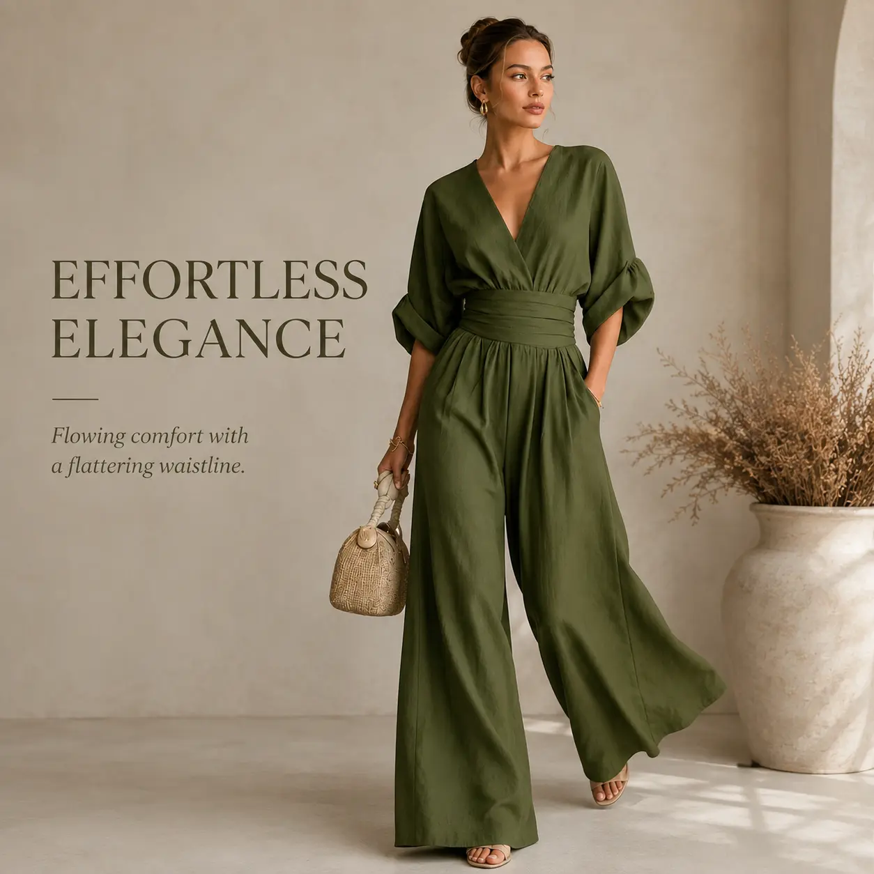 Women's Elegant V Neck Jumpsuit Wide Leg One Piece Outfit, High Waist Ruched Casual Romper with Pockets, Olive Green Loose Fit Long Jumpsuit for Women, Dressy Summer Vacation Wedding Guest Brunch Travel Work Party Evening Outfit, Resort Holiday Style