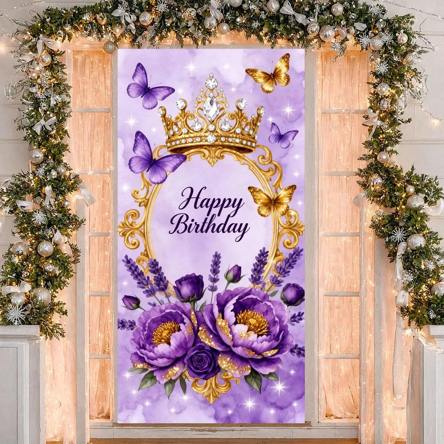 Purple Floral Peony-Butterfly Birthday Door Cover, Photo Wall Backdrop Banner for Birthday Party & Home Decor Supplies