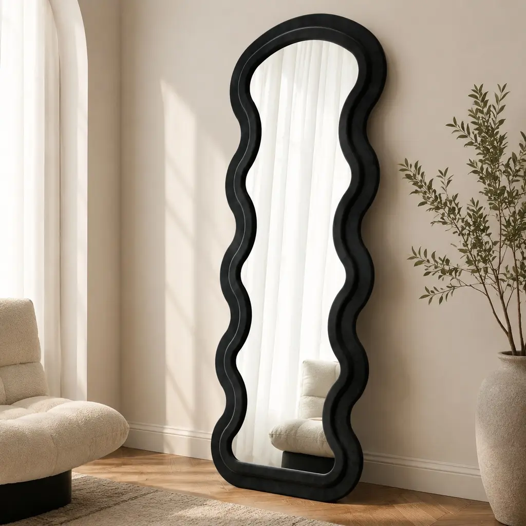 Freestanding Modern Arch Wooden Full-Length Wavy Frame Mirror - Black, 63x24x2.6 in, Flannel Fabric, Wall-Leaning or Hanging, Decor, Reflection, Gift, for Living Room, Bedroom Room Decor