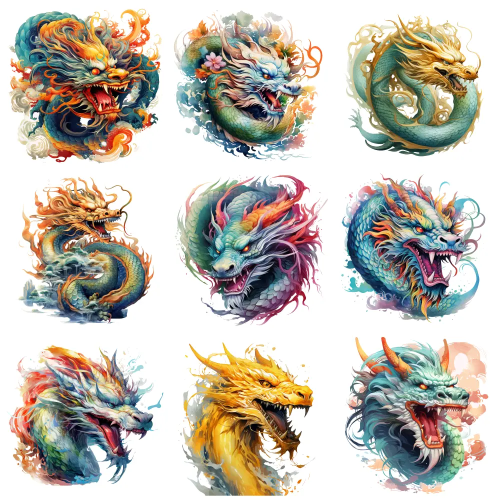 9 Pcs Dragon Art Iron on Transfers iron on decals Hoodie DIY Crafts DTF Transfers Ready casual style. Press Washable Stickers Washable heat transfer stickers