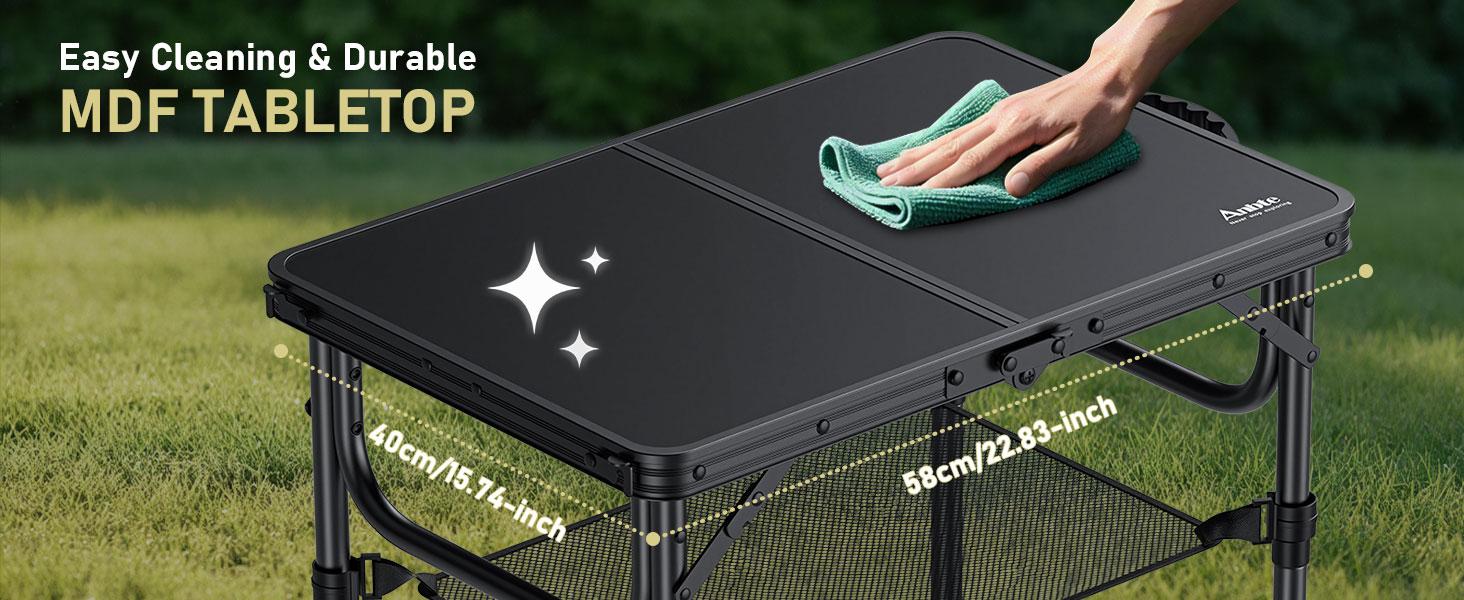 Anbte 2ft Folding Camping Table with Storage Net, 3 Adjustable Heights Small Folding Table Lightweight & Portable with Carry Handle, for Camping, Fishing, Picnic, Beach, Outdoor, 22.8" x 15.7", Black