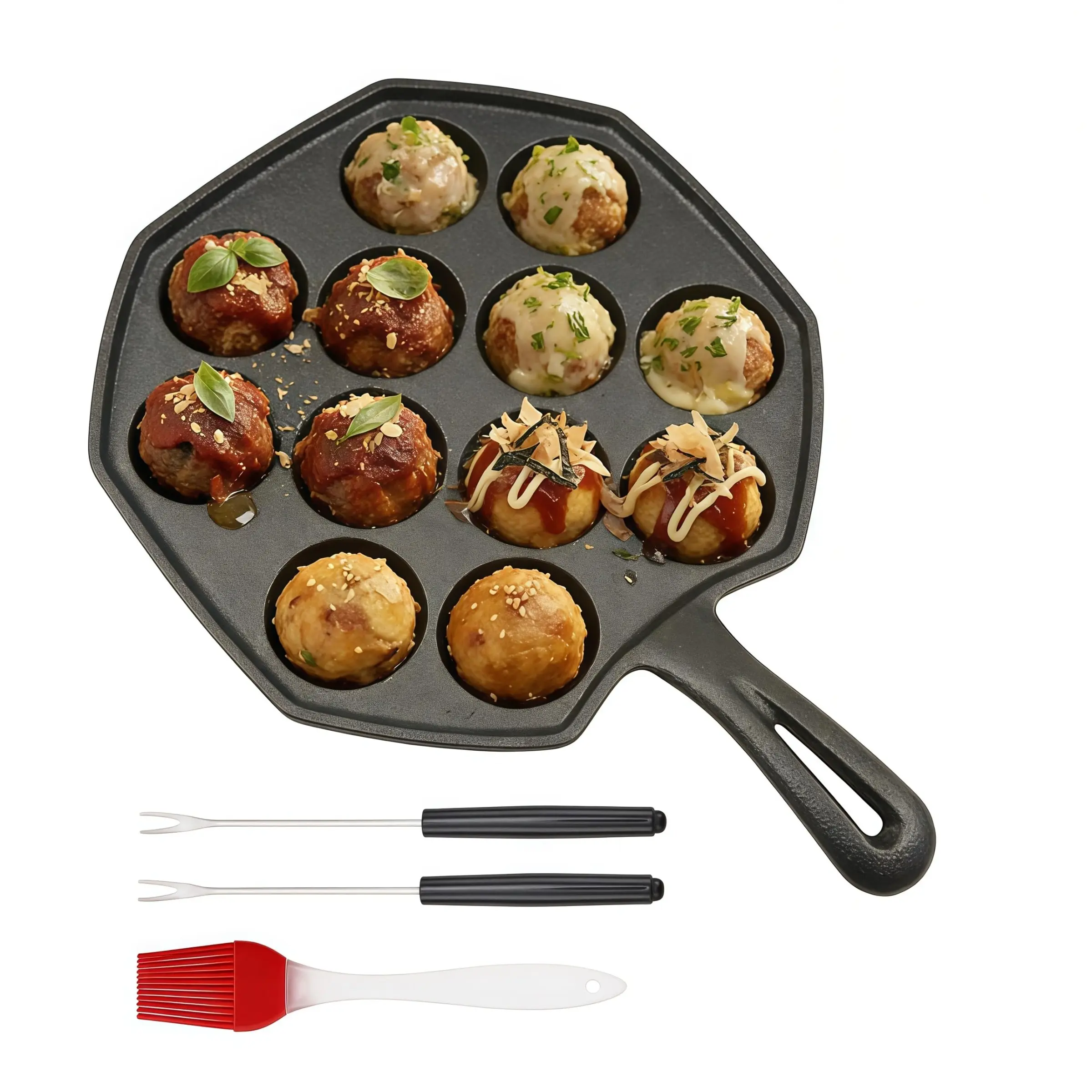 Cast iron pot, 12 hole pot, with 1.6-inch cup, pancake puff machine with fork and oil brush, suitable for home and outdoor cooking, oven safe, compatible with all stoves