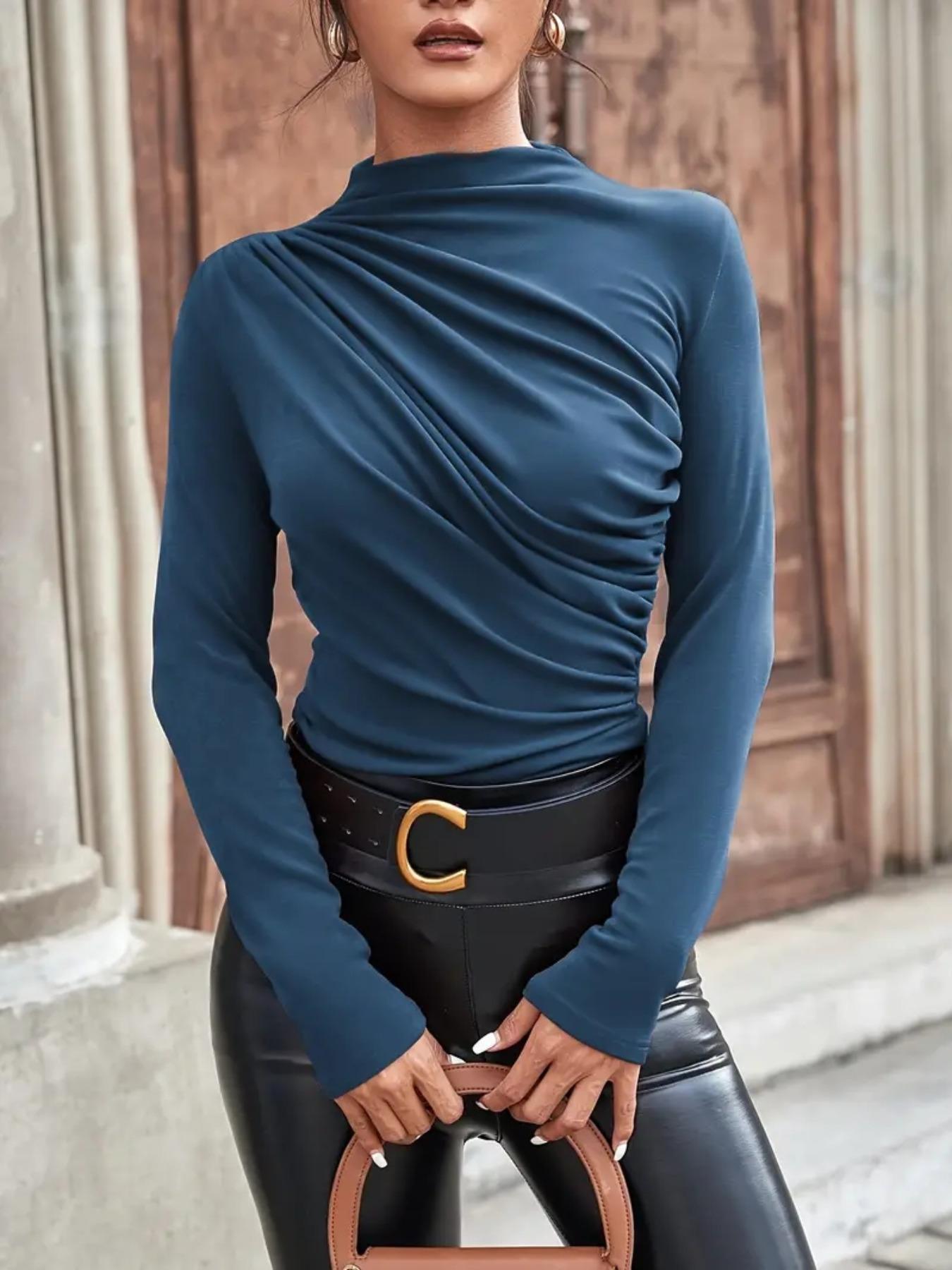 Women's Plain Ruched Mock Neck Tee, Casual Long Sleeve T-Shirt for Daily Wear, Ladies Clothes for All Seasons