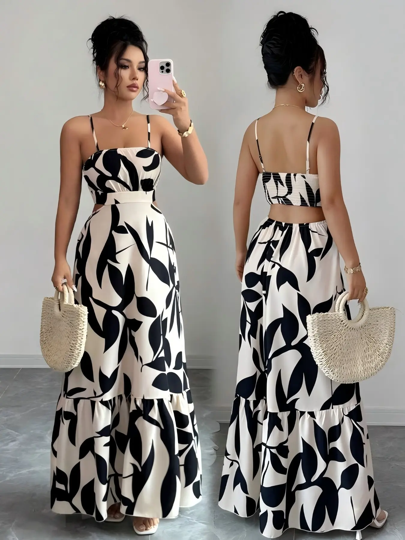 Women's Elegant Chic Floral Print Waist-Cropped Sleeveless Midi Dress, All over Print, Plain Surface, Unlined, 88.2g/m² Weight, Perfect for Daily Wear, Summer