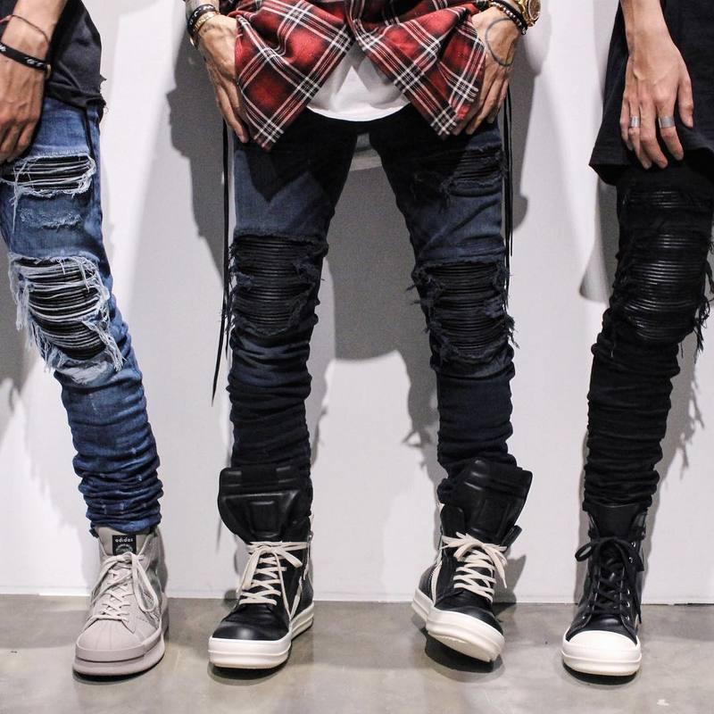 High Street Ripped Black Slim Fit Skinny Jeans for Men with Leather Patch and Stretch Men's Long Pants