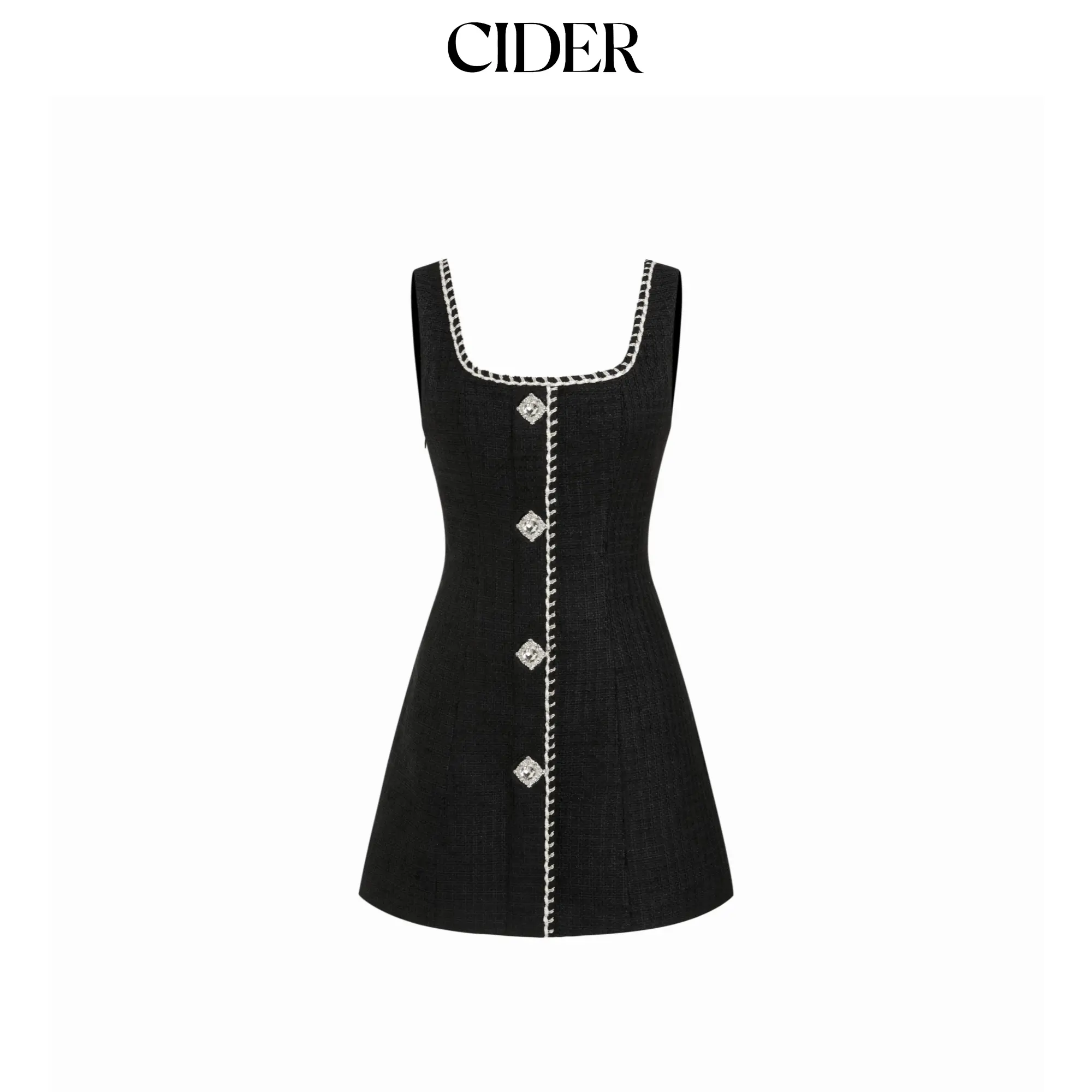 Cider Tweed U-neckline Rhinestone Button A-line Mini Dress SohoChic