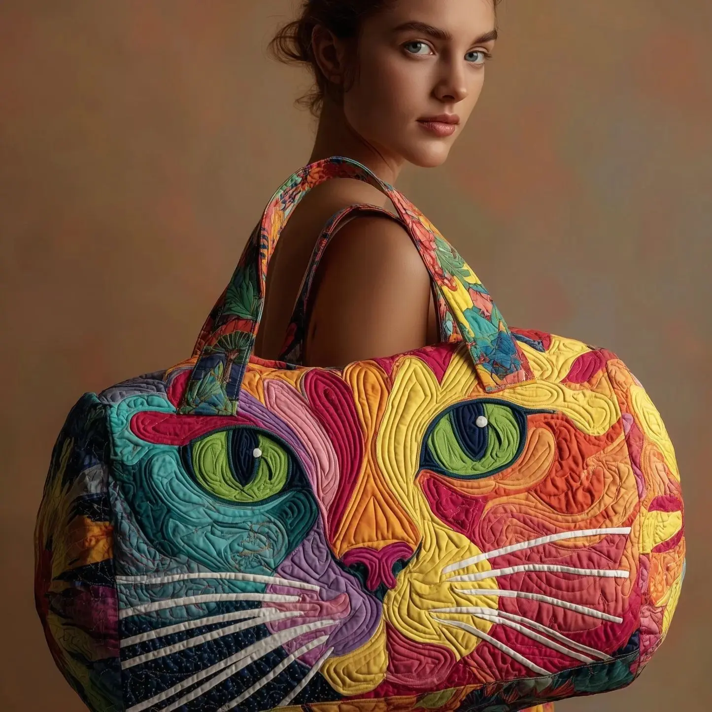 Cats Series Quilted Cotton Travel Bag, Fashion Print Women's Yoga Bag, Handbag, Stylish and Practical, Perfect for Daily Use