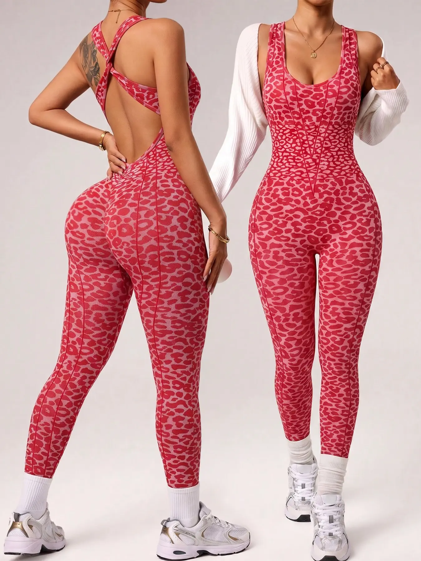 Women's Seamless Leopard Print Yoga Jumpsuit, Summer Sports High Waist Butt Lifter, Compression Wear with Padded Bra, Sporty Style, Sleeveless Workout Jumpsuit