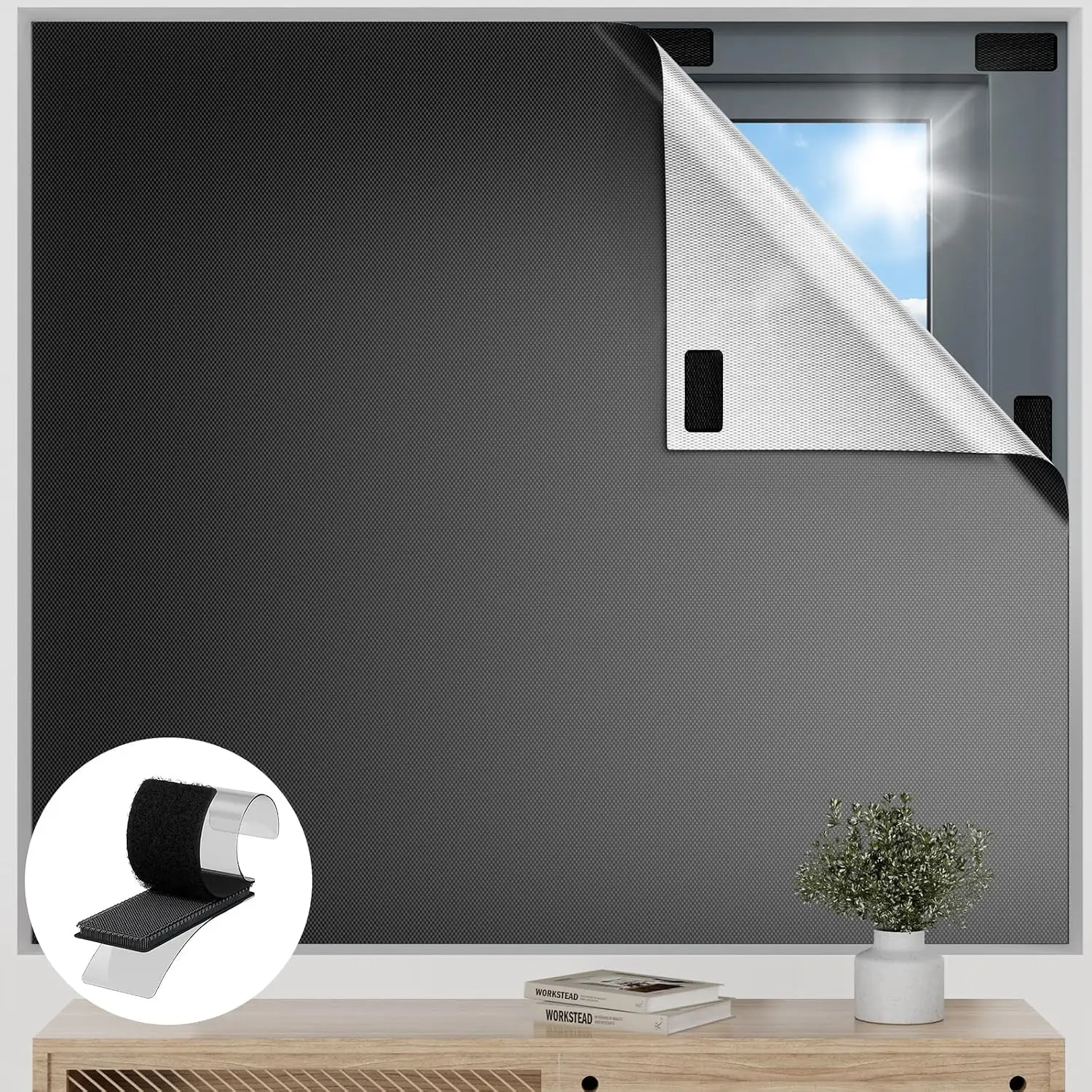 Blackout Curtains for Bedroom, 120"x 57" Temporary Blackout Shades for Windows, Portable Black Out Blinds Screen with 20 Loop & Hook, 100% Black Out Window Cover Film for Baby Nursery Travel RV-BlacksGift.
