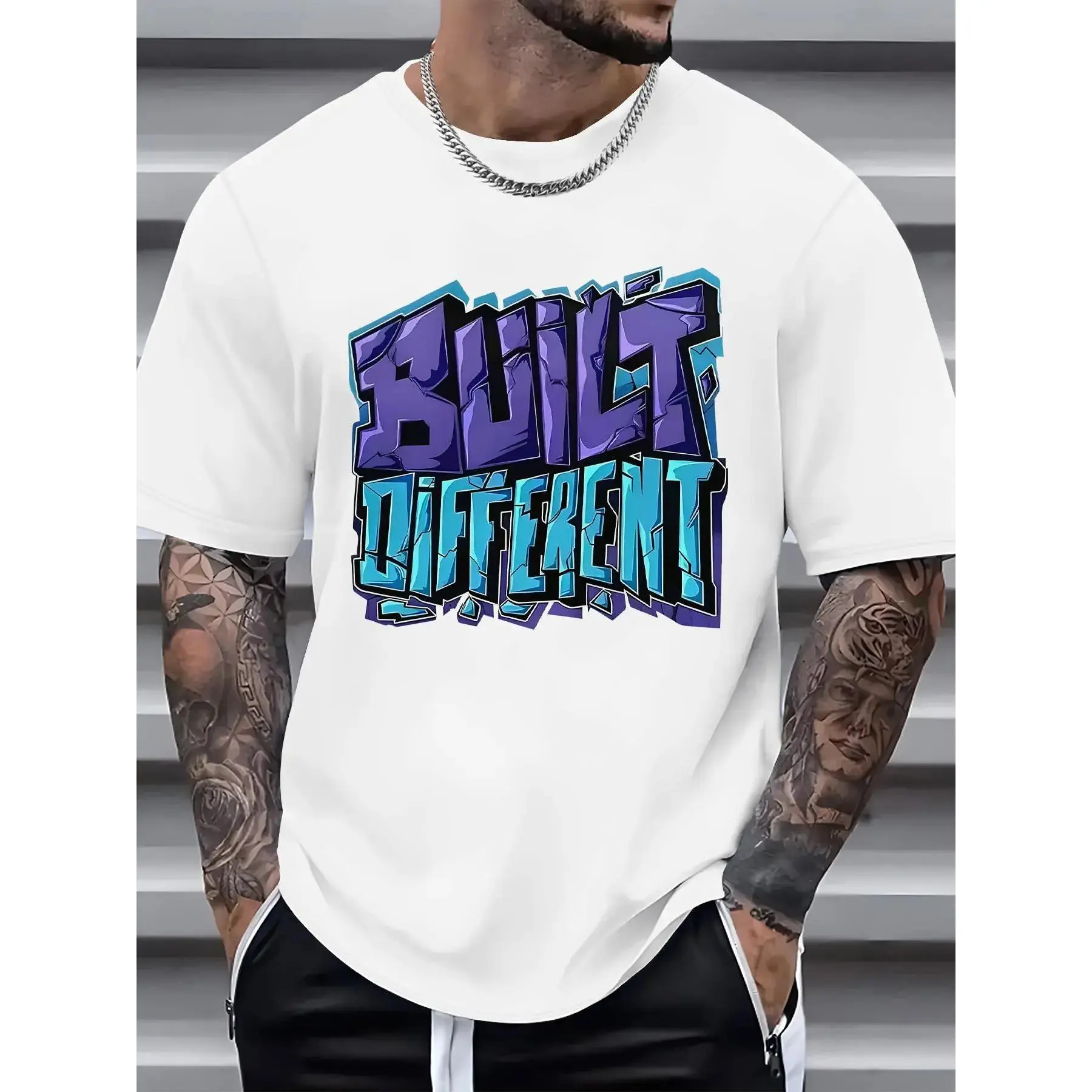 Men'S Short Sleeve T-Shirt |   Summer Round Neck Casual Tee with Subtle Chest Print - Breathable Opaque Fabric, Machine Washable, Casual Outfits, Wardrobe Essential (Regular Fit), Plus Size