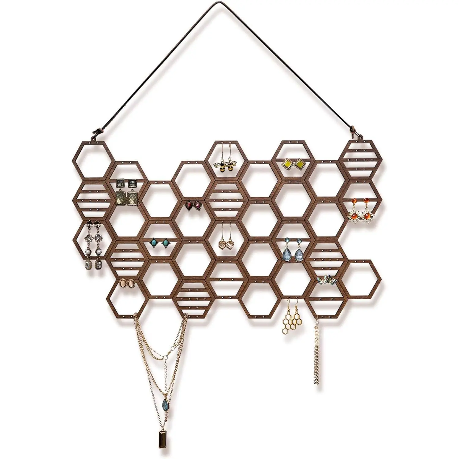 Honeycomb Earring Organizer Wall Mount Display Wood Hanging Jewelry Organizer for Stud Earrings, Necklaces (Walnut)
