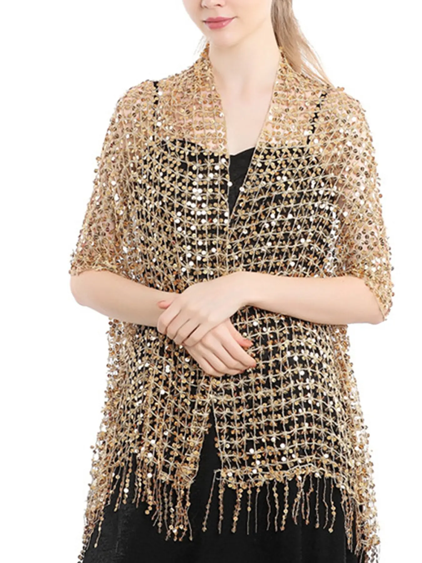 Glitter Shawl, Lightweight Breathable Mesh Design, Fringe Edge, Elegant Gingham Style, Perfect for Parties, Weddings, Stage Shows, Formal Events