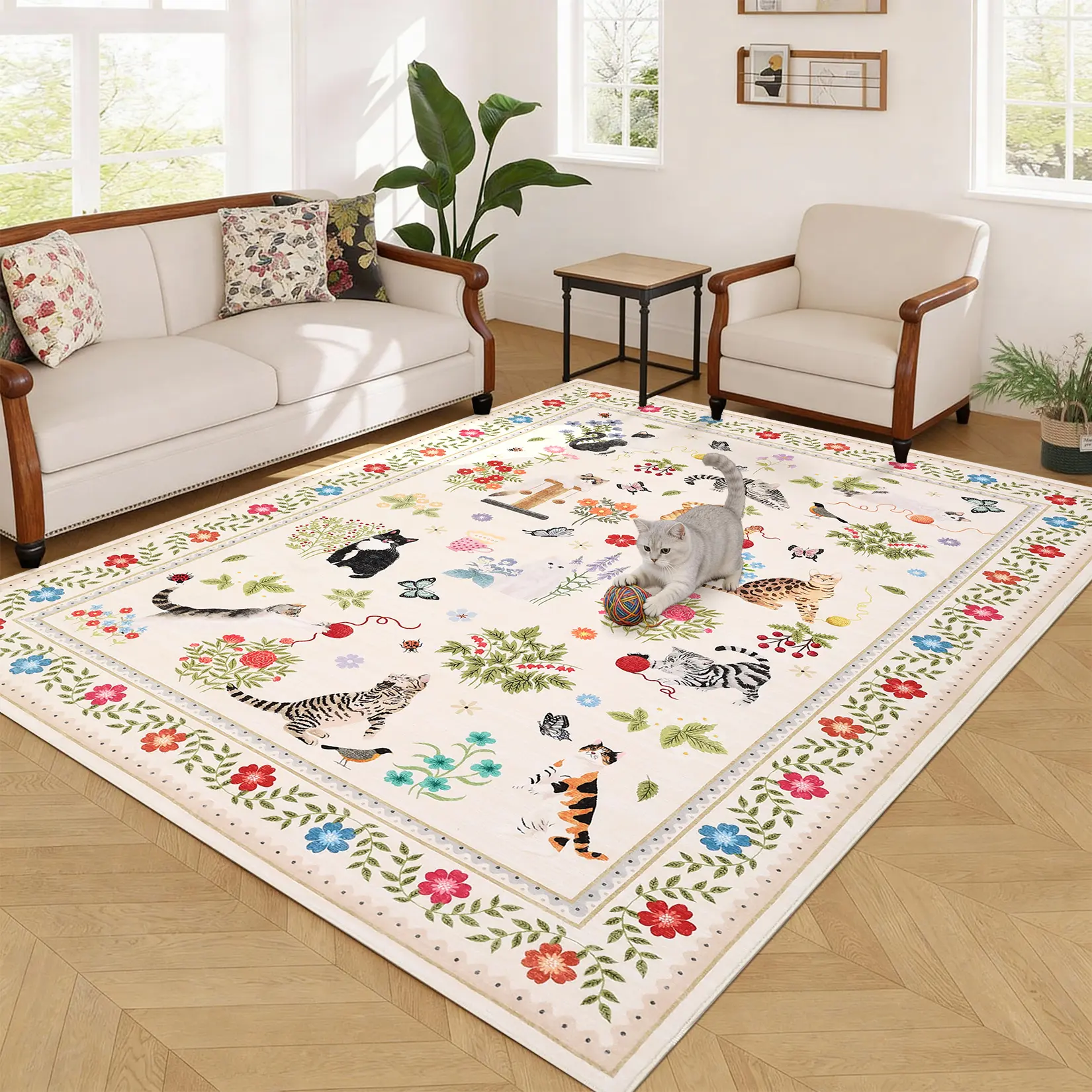 Washable Cat Area Rug - Modern Floral Edge, Non-Slip, Soft Low Pile Carpet - Collapsible Farmhouse Style for Dining Room, Office