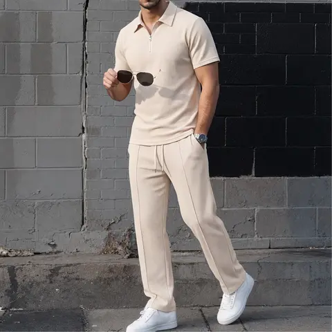 Men’s Minimalist Breathable Loose Fit Waffle Knit Zip Collar Short Sleeve Polo Shirt & Drawstring Pants Set, Casual Male Clothing 2-Piece Outfit, Machine Washable Textured Top & Matching Trousers