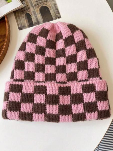 Unisex Fall and Winter Beanie Hat, Casual Fitted Knit Cap with Colorblock Plaid Design, Warm Outdoor Accessory for Christmas Pairing
