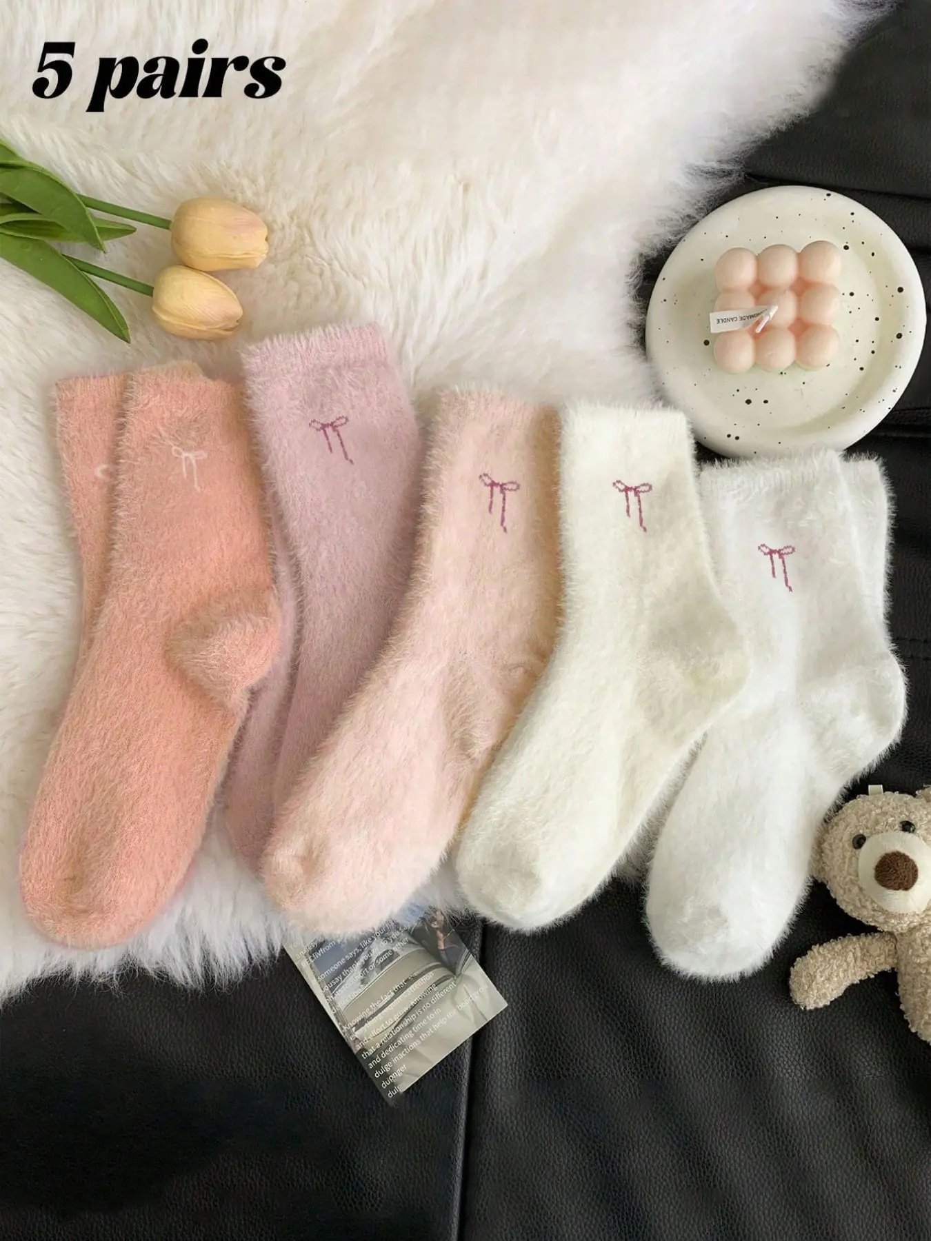5 Pairs Macaron Color Soft Plush Mid-Calf Socks, Women's Mink-Like Velvet Butterfly Knot Embroidery Warm Socks, Cute, Home, Daily Wear