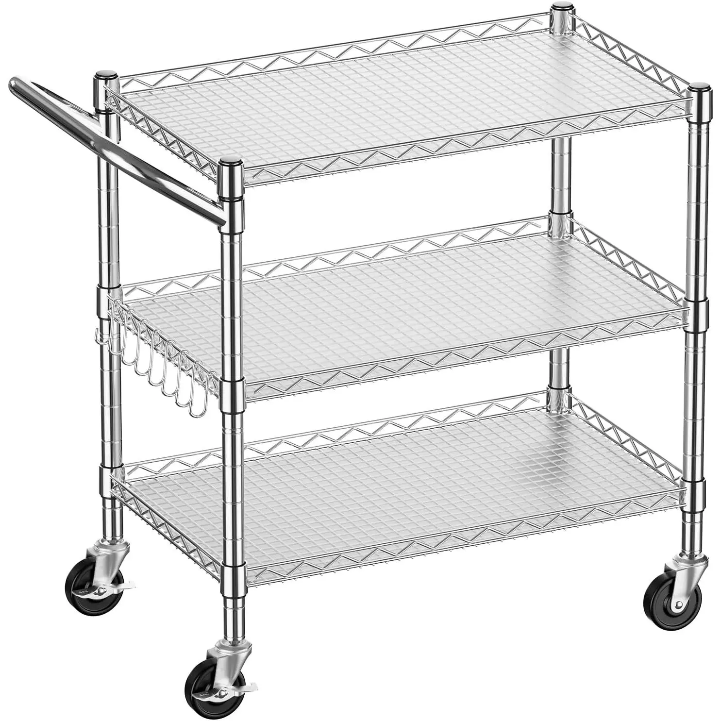 Heavy Duty 3 Tier Utility Rolling Kitchen Cart  Wheels 990LB Capacity | Metal Utility Cart with Wheels Serving Cart Commercial Grade Carts with Wire Shelving & Handle Bar for Kitchen Office School