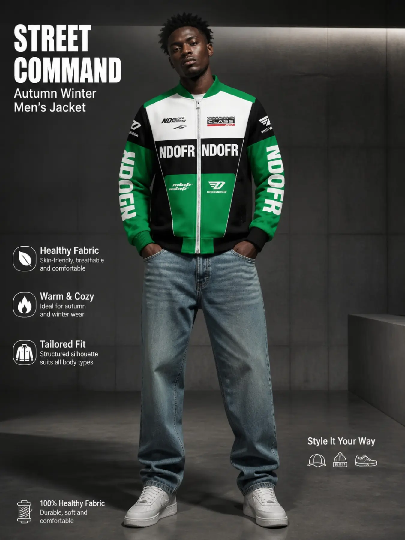 Men's Patchwork Motorcycle Jacket, Full Zip Baseball Collar, Retro Racing Team Print, Windproof Fall Winter Coat