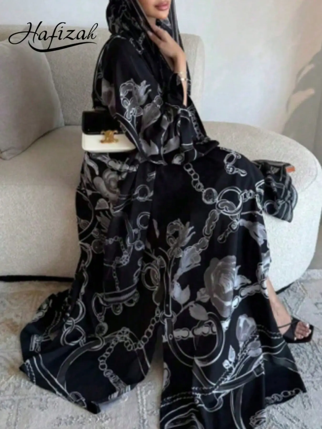 Chains Rose Print Long Cardigan and Rectangular Scarf Set, Loose-Fit Chiffon Outerwear for All Seasons, Women's Commuter Fashion