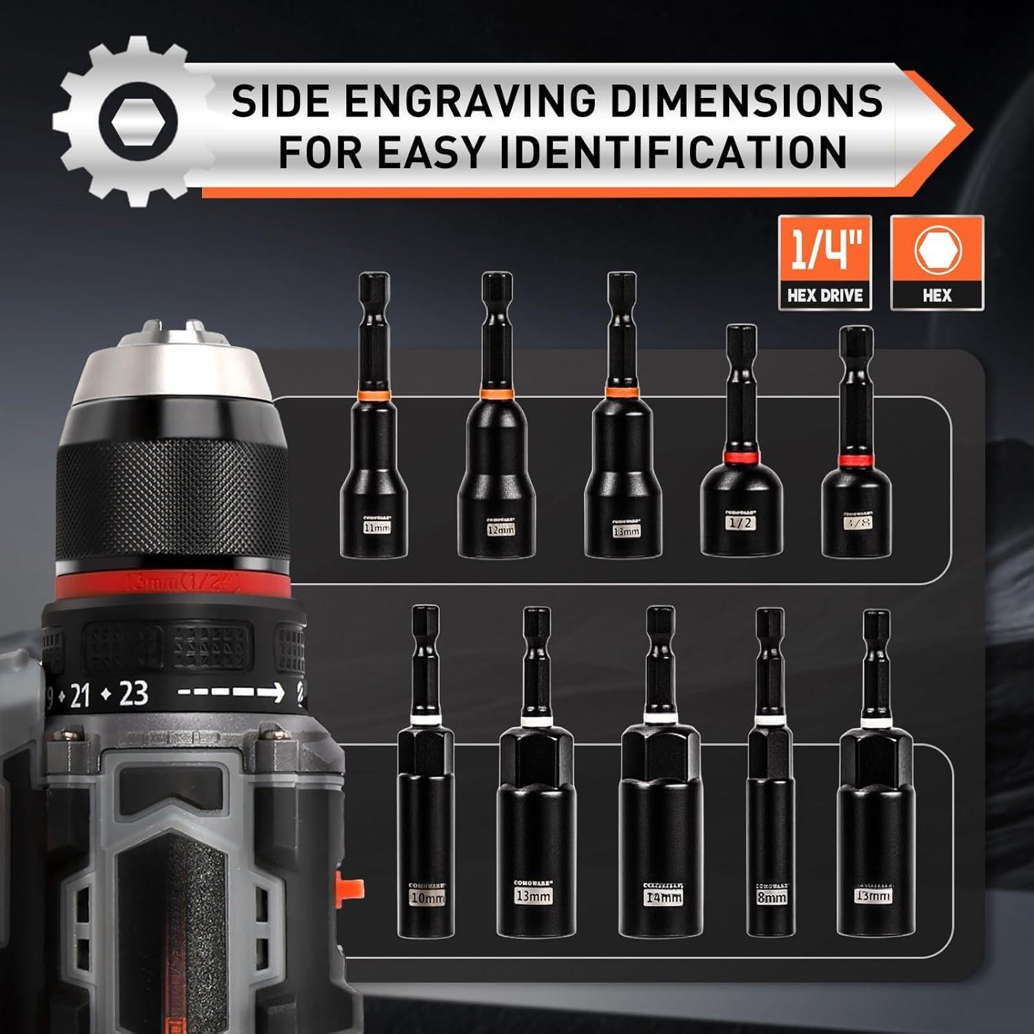 Impact Nut Driver Set, 55 count Deep Nut Driver Set, Metric/SAE Sockets, Bit Extension, 1/4'' Quick Change, Cr-V Steel for Automotive & Industrial Use