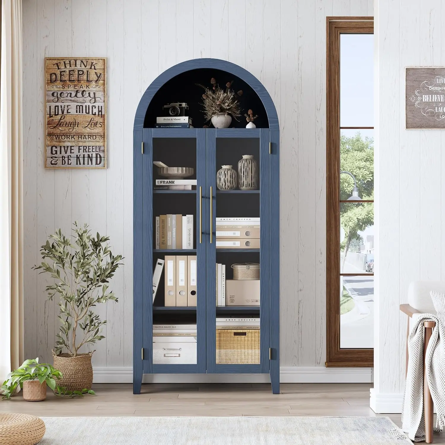 Garvee Farmhouse Arched Kitchen Pantry Cabinet, 63 in Tall 5-Tier Freestanding Storage Cupboard/Display Bookcase, 2 Glass Doors, Adjustable Shelves - Blue