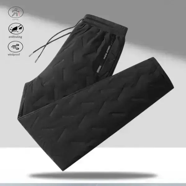 Menswear Stylish Slimming Straight Ribbed Casual Trousers - Adjustable Drawstring Waistband, Flattering Design, Classic Black, Geometric Embossed Accents, Side Zipper, Ankle-Length Fit, Functional Details, Father's Day Gift