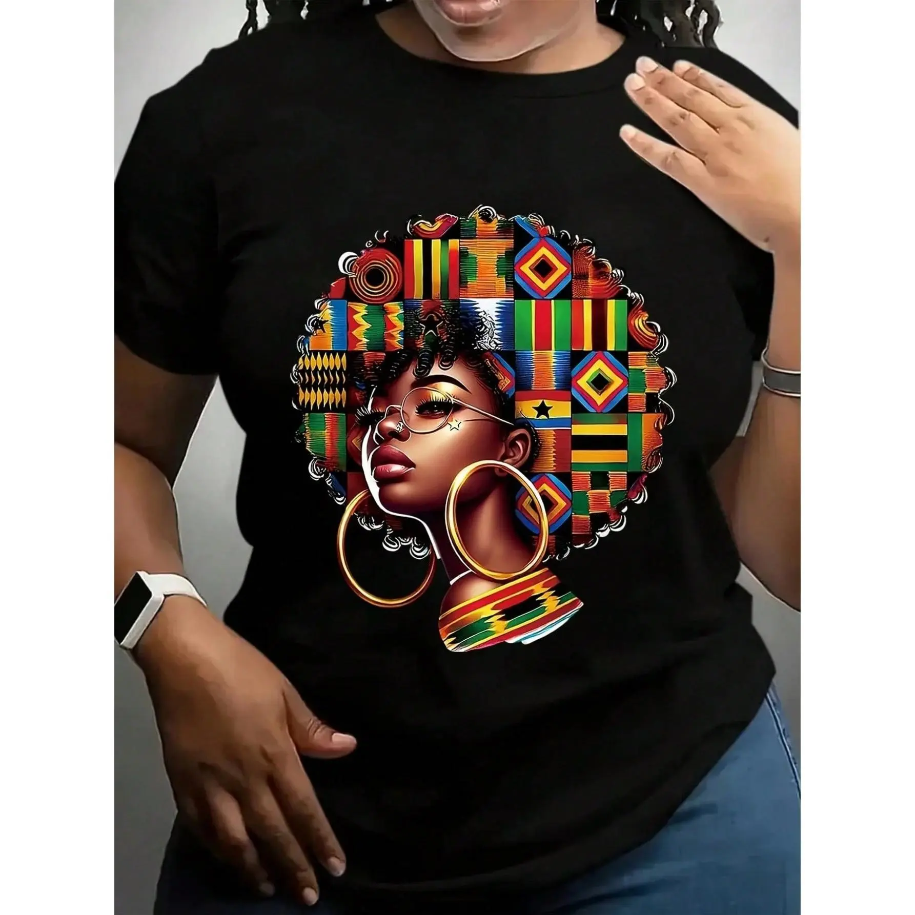 Women's African Queen Graphic Cotton T-Shirt - Black Shortsleeve Round Neck, Vibrant Afrocentric Design, Festival-Casual Summer Sports Top, Stylish Comfortable Wide-Shoulder Unisex Fit, Versatile Clothing, Fabric, Soft, Stretch, Regular Fit, Clothes, Casu
