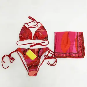 Classic Women's Red Scarf Bikini Sets with Designer Signature Letter Logo Luxury Design Women's Two-Piece Swimsuit Swimwear