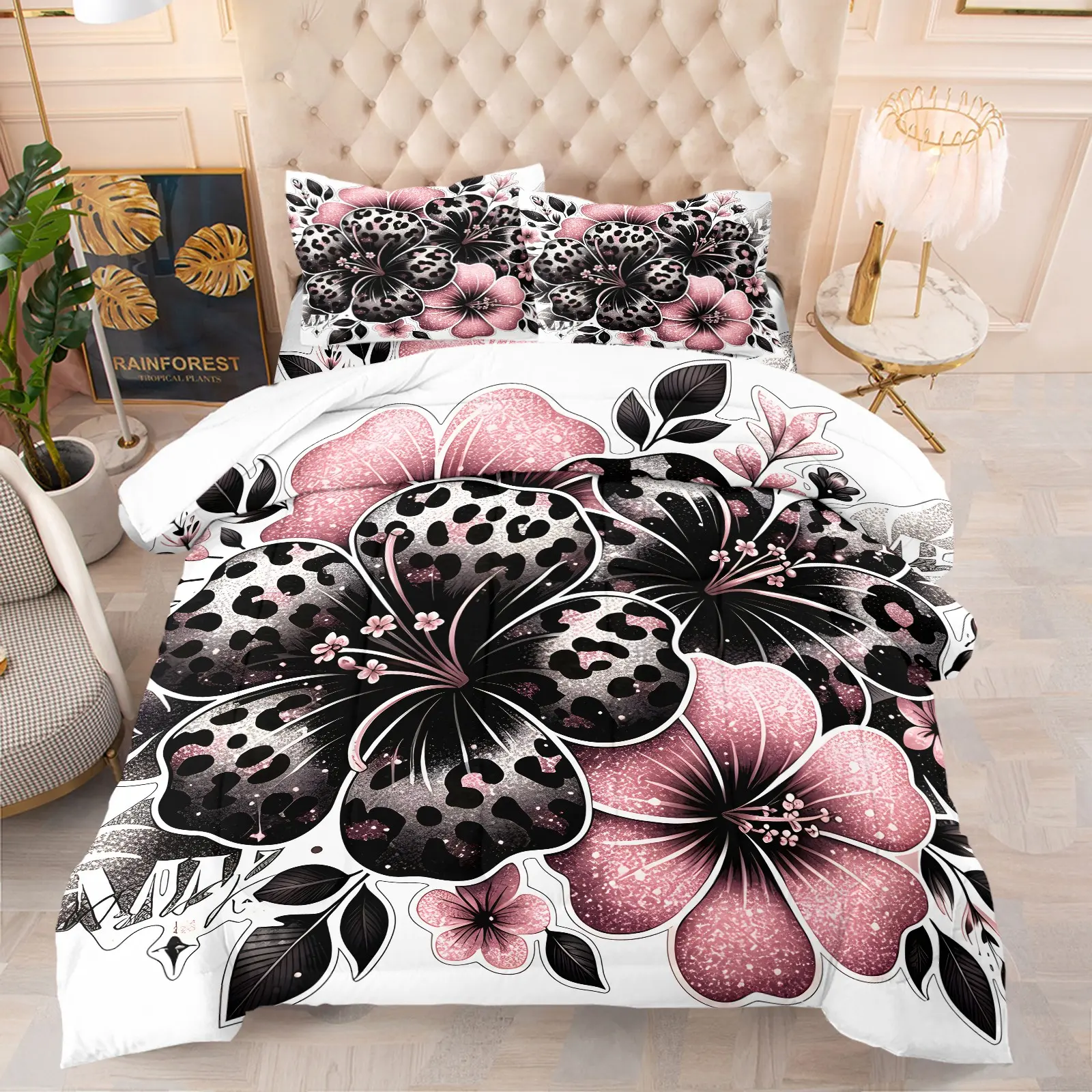 High Definition Leopard Hibiscus Comforter Set, Patterned Bedding Set, Black Leaves & Floral Prints, 1 Comforter With 1-2 Pillowcases. Fluffy Warm Silk Cotton Filling for Sleep, Multi Size Options, Trendy Sweet Spicy Girls Bedroom
