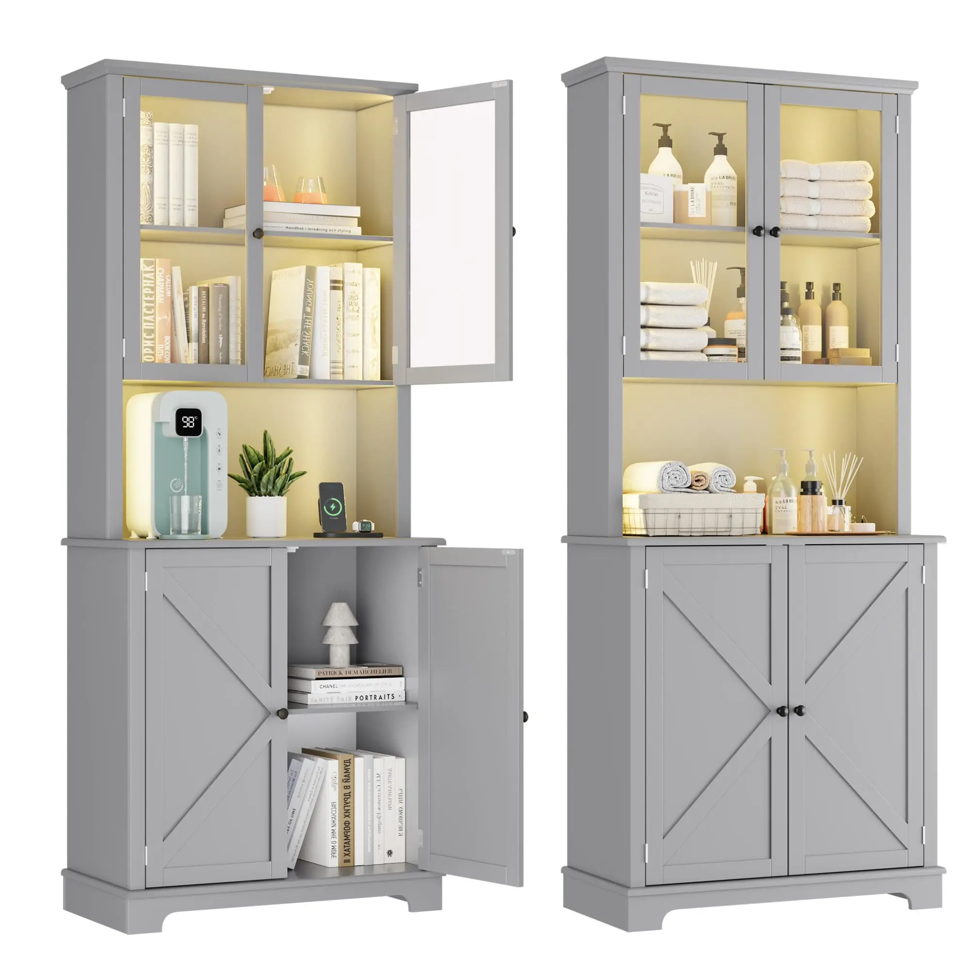 72" Tall White Kitchen Hutch Cabinet with LED Lighting & Charging Station, 41" Wide Farmhouse Storage Hutch with Glass Doors for Dining Room