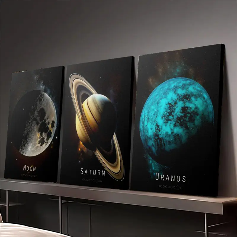 2D Flat, Set of 3 Wooden Frame Canvas Prints Featuring Creative Posters of Planets, Moons, And The Solar System, Space-Themed Artwork for Indoor Home Wall Decoration