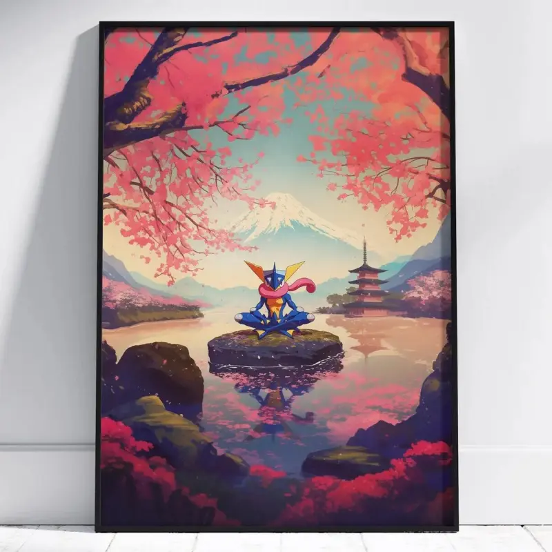 Greninja Poké Poster - Japanese Tapestry Style, Mount Fuji Themed Creative Design Graphic Illustration, Lightweight Anime Bedroom Decor Picture Image Artwork, Ideal Gift for Manga Fans, Picture Image Prints, Creative Design Print