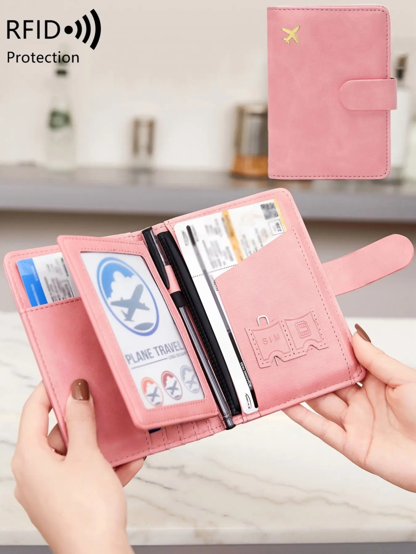 1 Pack Creative Airplane Print Triple Fold Passport Holder, RFID Blocking Multi-Functional Travel Wallet With Multiple Card Slots & 2 Clear Pockets For Tickets Photos, Unisex Document Organizer Portable For Daily Use