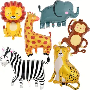 6-piece jungle adventure animal balloon birthday party decoration set, giant wild-themed balloons, including monkey, elephant, zebra, leopard, crocodile, and giraffe shapes