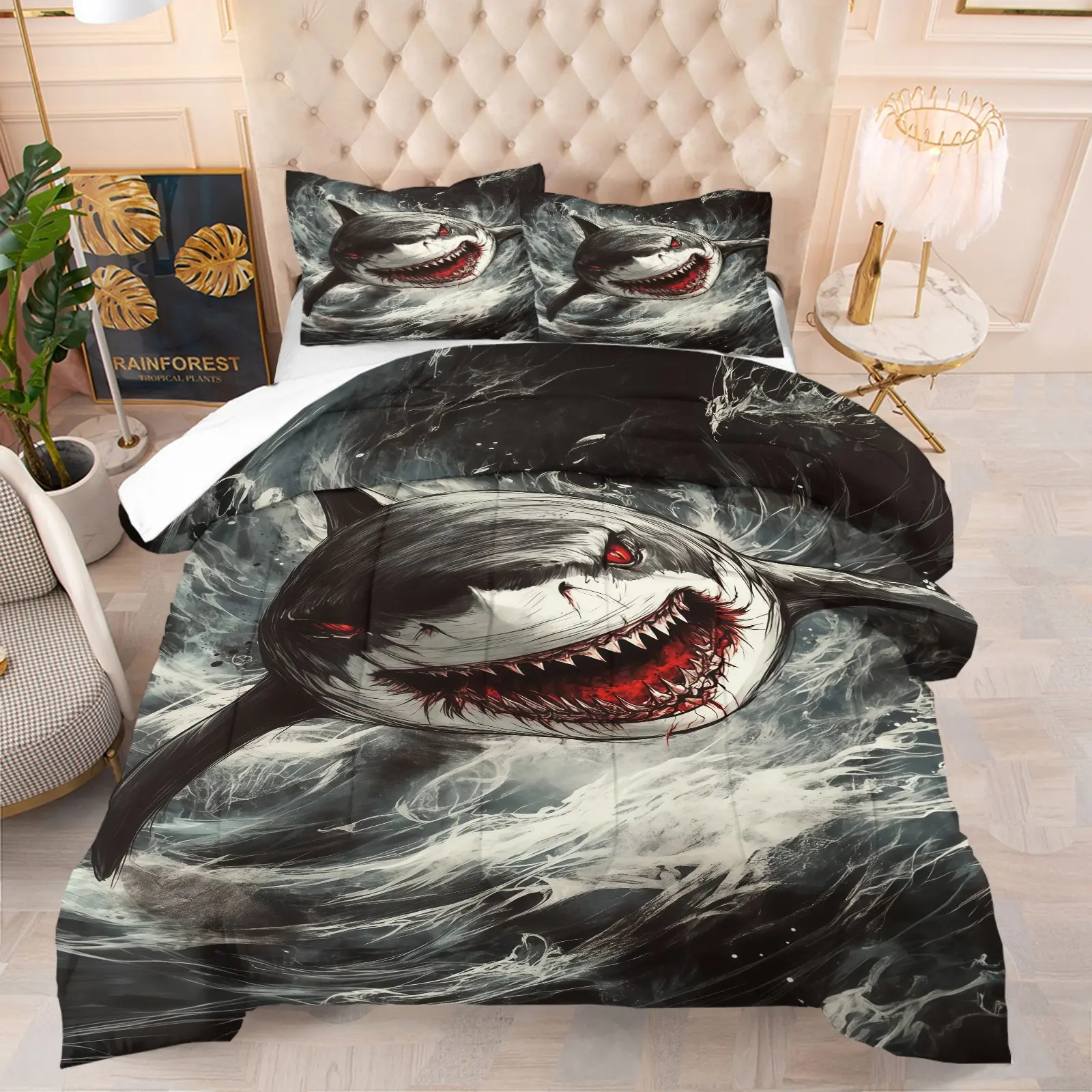 Shark print pattern set, including 1 blanket and 1 or 2 pillowcases without pillowcases, soft children's and adult bedroom decoration gifts