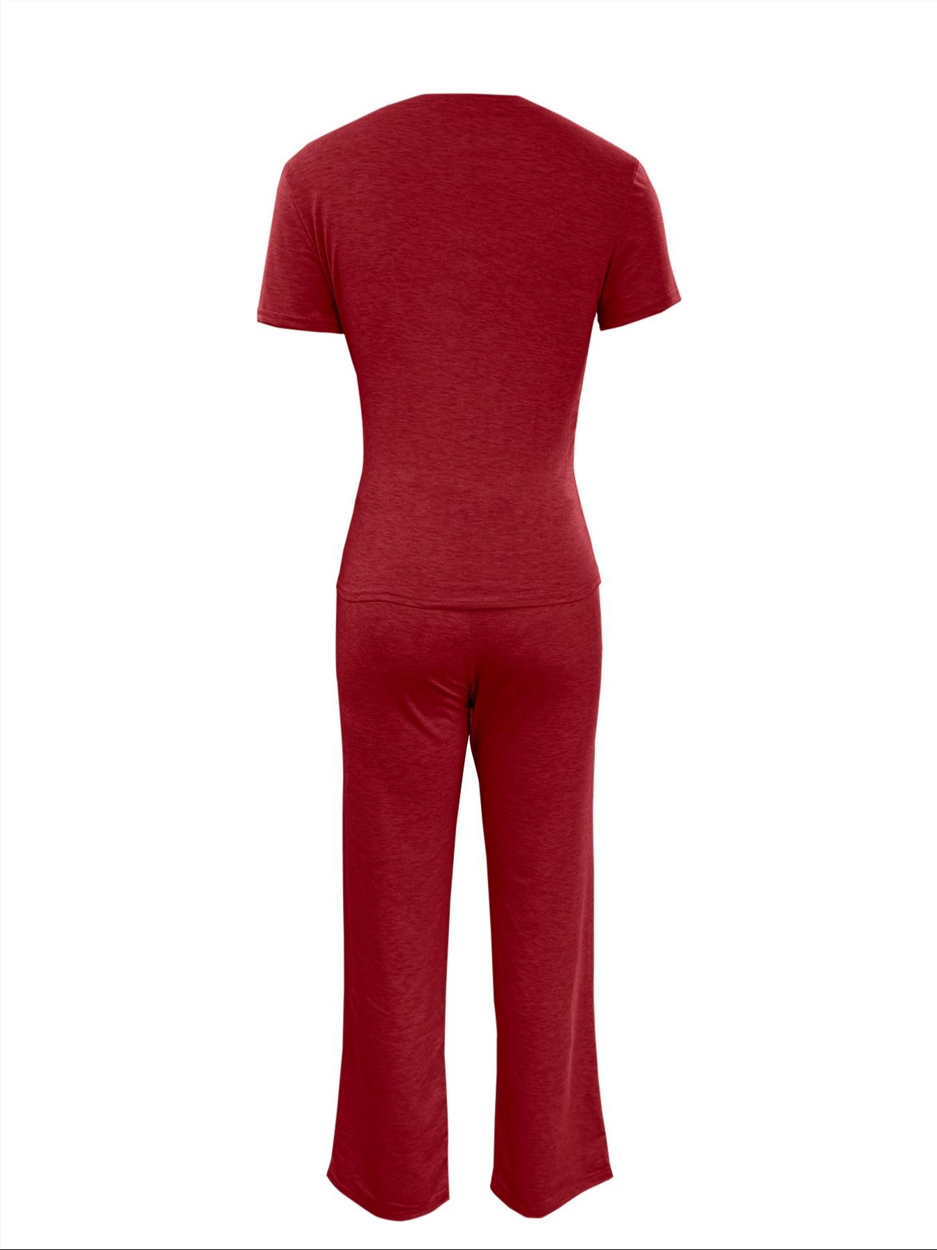 Women's Short Sleeve Top Long Pants Drawstring Casual Set, Fitted Knit Solid Color No Pocket Set, Elegant Style Summer