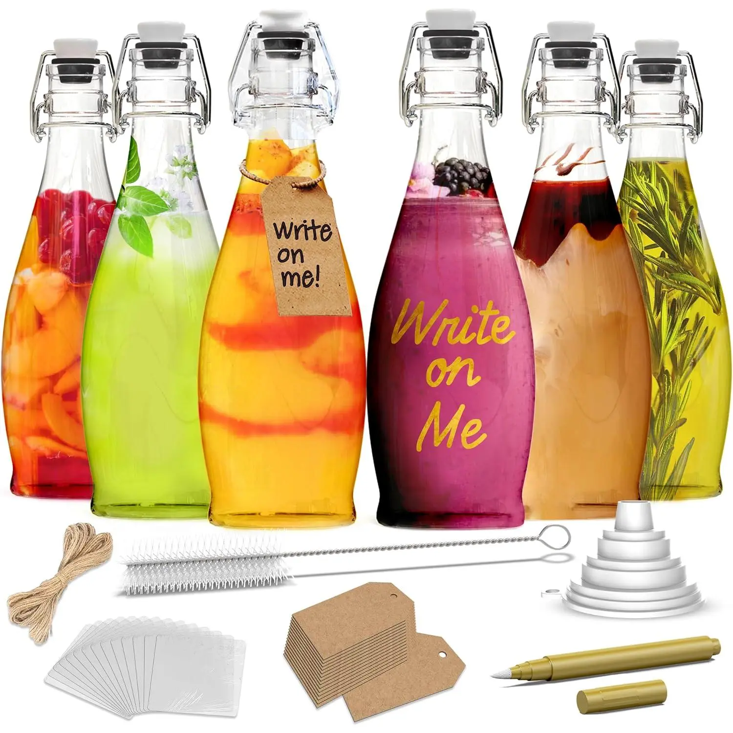 17 Oz Teardrop Swing Top Glass Bottles with Airtight Lid 6 Pack | Bottling Kit | Flip Top Glass Bottle with Stopper , Funnel, Brush, Shrink Wrap, Marker & Tags| Kombucha Bottles with Stoppers