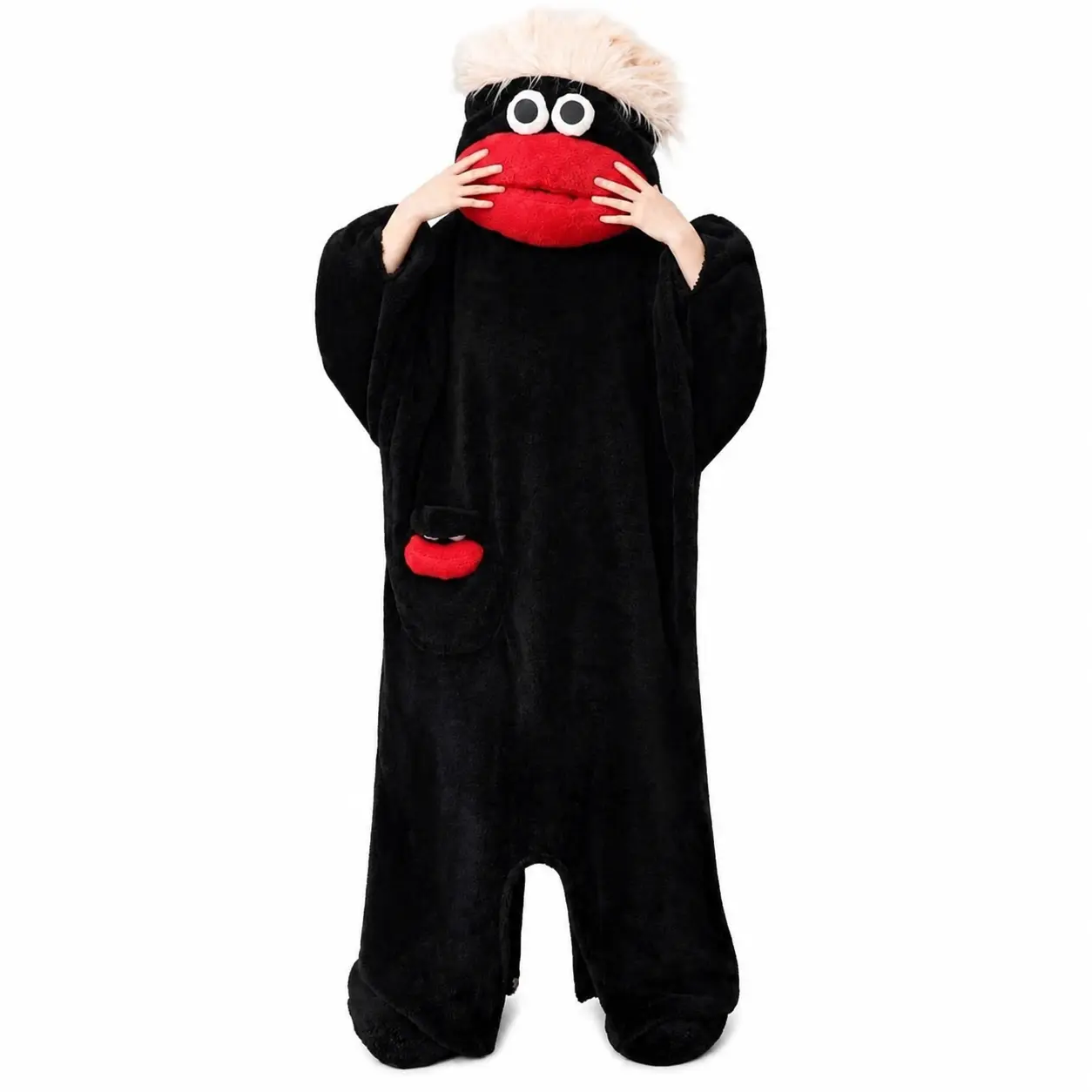 Big Mouth Monster Hooded Plush Onesie Pajamas, Oversized Warm Loungewear, Cute Unique Cartoon Design, Skin-Friendly Breathable Fabric, Soft Cozy Casual Sleep Outfit for Indoor Daily Relax Themed Party, Matching Set Comes with Slippers Large Hair Comb