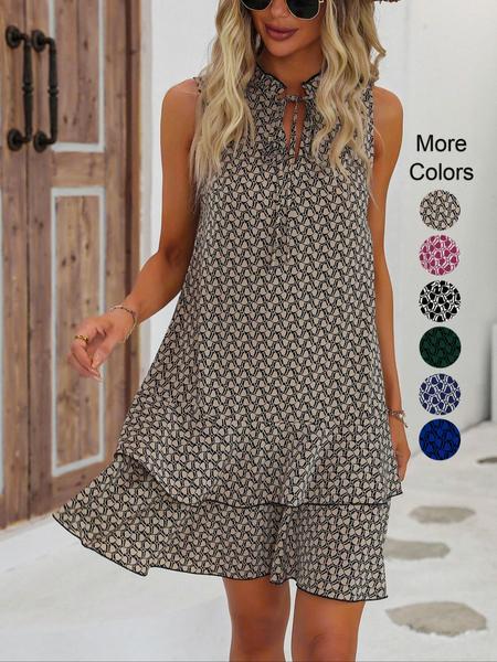 Women's Geometric Print Bow Dress, Casual Fitted Woven Dress, All-Seasons Wear, Multi-Layered Cake Skirt Design, Summer