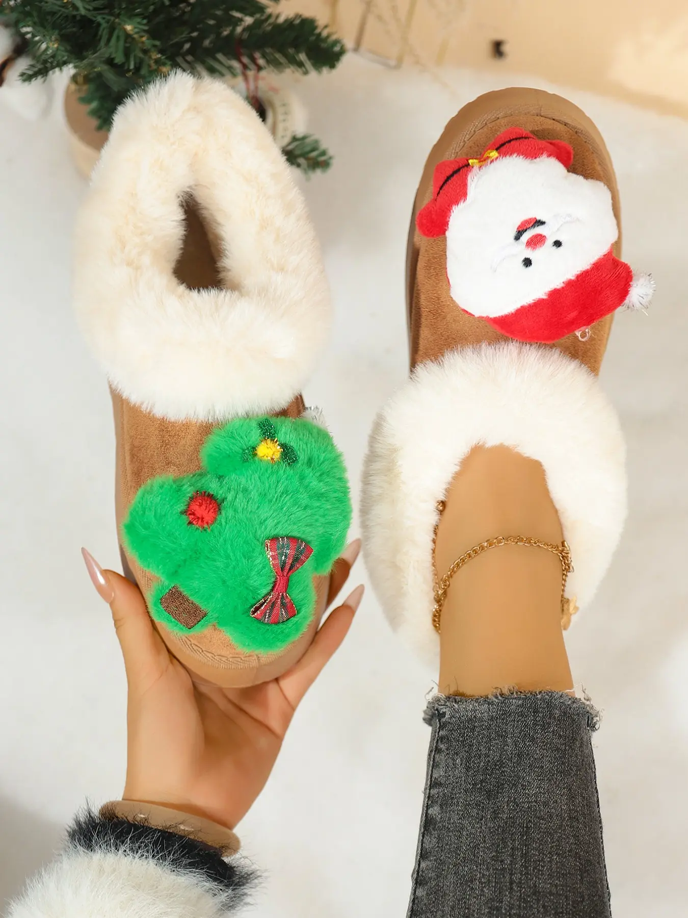 Christmas Santa Claus Tree Doll Thick Sole Snow Boots, Festival Limited Anti-Slip Warm Home Outdoor Cotton Slippers