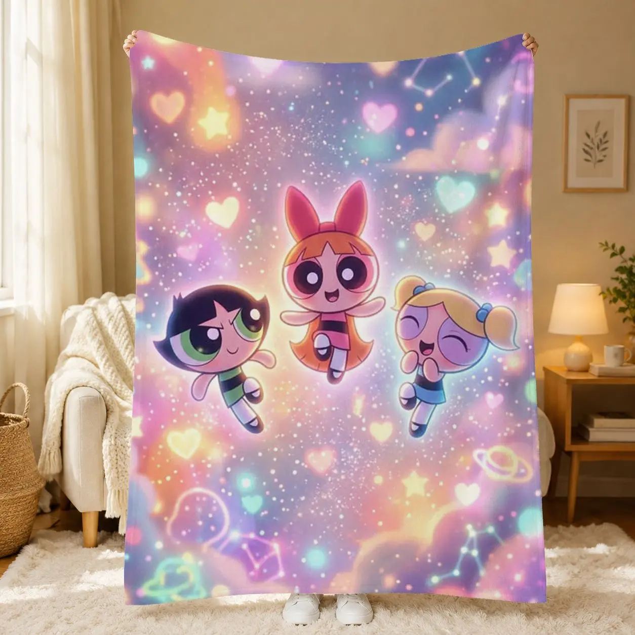 Powerpuff Girls Flannel Fleece Throw Blanket, Blossom Bubbles Buttercup Galaxy Cartoon, Soft Cozy Lightweight All Season Blanket for Bed Couch Sofa, Kawaii Pastel Bedroom Dorm Decor, Movie Night Travel Birthday Christmas Gift for Girls Kids Teens Fans