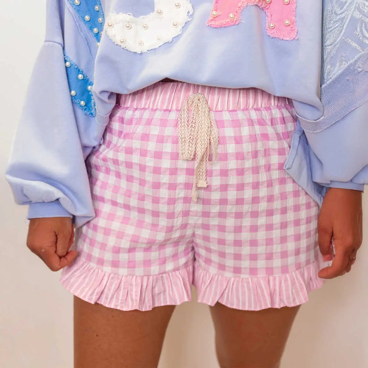 Women's Pink Gingham Check Ruffle Shorts, Lightweight Cotton Bottoms with a Striped Waistband and Lace Tie, Hip, Adjustable, Breathable, Casual