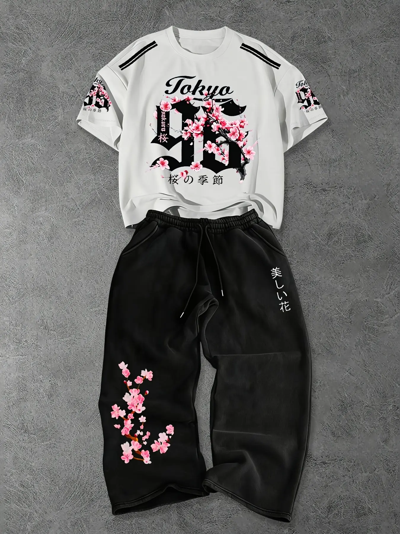 Unisex Japanese Cherry Blossom Print Summer Set, Loose Short Sleeve Top & Wide Leg Sweatpants, Breathable Streetwear for Skate, Campus & Daily Wear