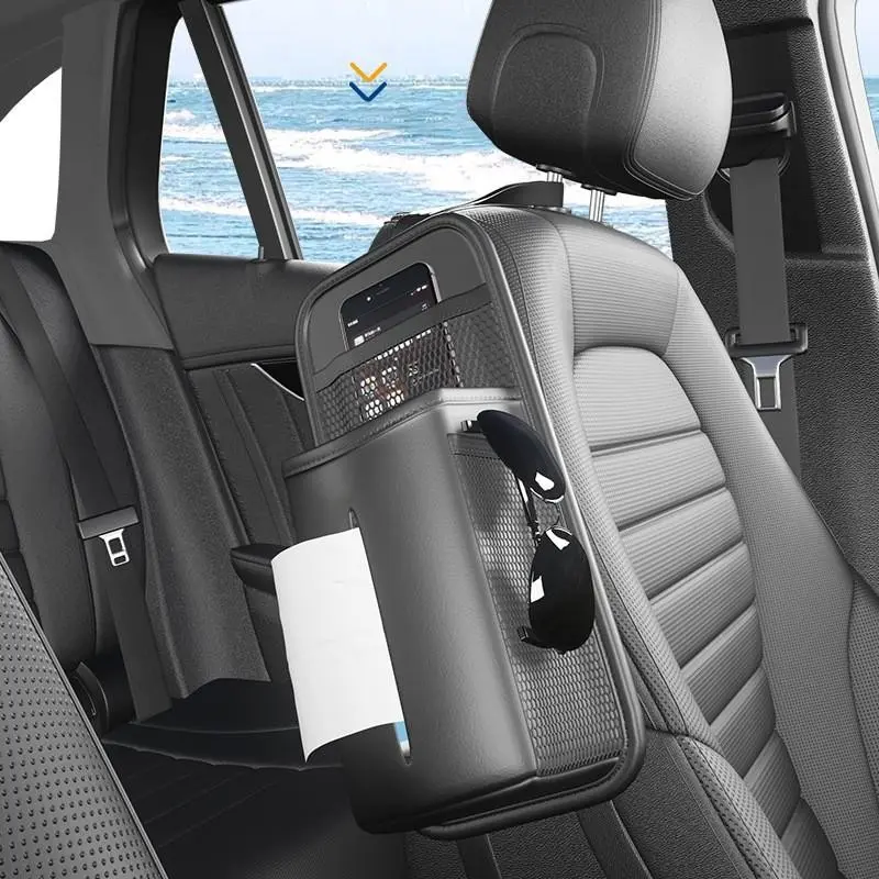 Multi-Functional Seat Side Paper Towel Holder, Leather Seat Back Storage Rack, Multi-Pocket Organizer for Various Car Interiors