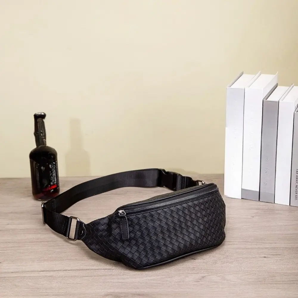 Men's Crossbody Sling Bag, Minimalist Diamond Weave Matte PU Leather 2-in-1 Waist Pack with a Wide Adjustable Strap and Multi-Zipper Pockets, Compact, Daily Commute, Waist/Crossbody, Multi-Zippers